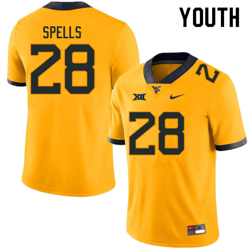 Youth #28 Jacolby Spells West Virginia Mountaineers College Football Jerseys Sale-Gold - Click Image to Close